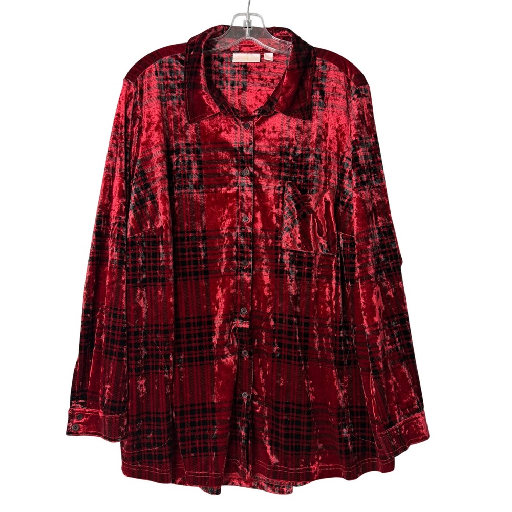 Belle By Kim Gravel Print Velvet Big Shirt Womens Plus Size 2X Red Plaid Pockets
